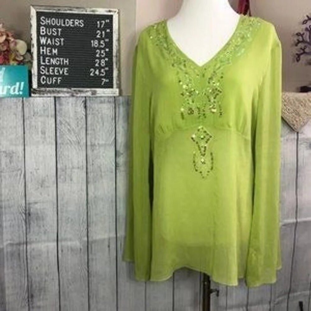 Tribal sz 12 Green Sheer Sequin Long Sleeve Blouse